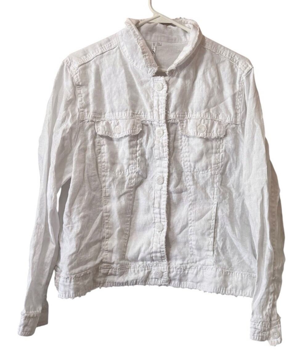 Lulu B Women Sz XL 100% Linen White Frayed Hem Button Down Lightweight Jacket